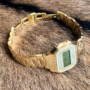 Weighted Metal Gold – Modified Watch Based on Casio A168 – Custom Digital Gold Watch with Heavy Bracelet – Vintage Retro Casio Mod Gift