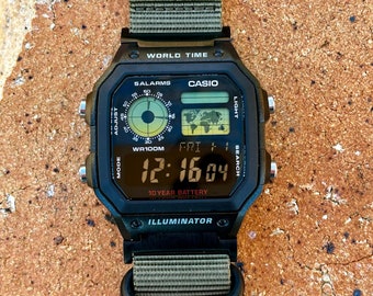 Forest Green 22 – Modified Watch Based on Casio AE-1200 Green Dual-Tone  Screen, Military Strap, Custom Casio Royale Mod Tactical Retro Watch