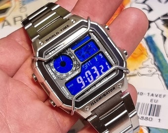 Casio AE1200WHD personalizado "Midnight Royale" - Reloj Casio vintage personalizado - Pantalla púrpura - Brazalete de metal - Protector cromado - Relleno de aceite