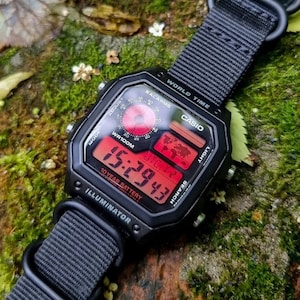 Custom Casio Royale AE1200 "Red Haze" - Modified Watch- Red Gradient Screen, Black Strap and Oil Fill- Mens Gifts- Digital Casio Vintage