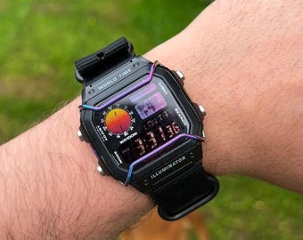 Tactical Sunset – Modified Watch Based on Original Casio AE-1200 – Retro Vaporwave Gradient Screen Casio Royale Heat-Treated Guard Casio Mod