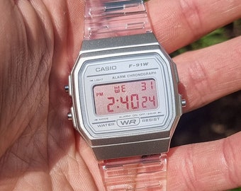 F91W "Strawberry Clear" Mod - Modified White Transparent Casio Watch with Red Polarising Screen Mod and Red Lamp