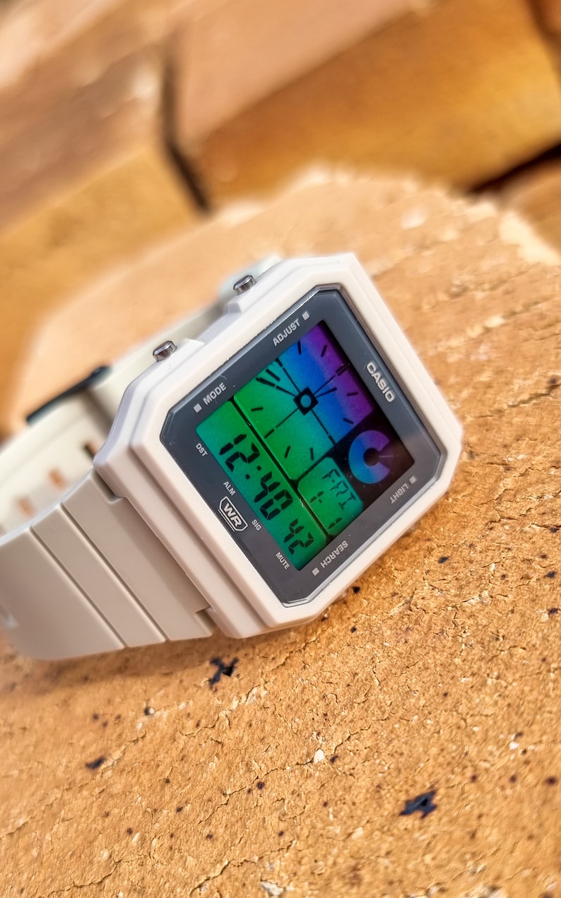 Custom Casio LF20W Beige Hydromod - Casio Mod Twin Graph - Purple and Green Gradient Screen - Vintage Beige Casio - Digital Watch Mod