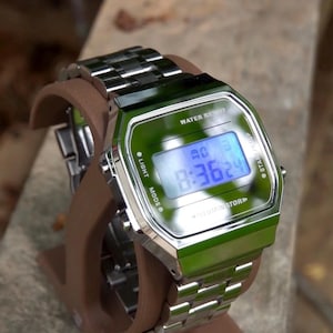 Mirror Chameleon – Modified Watch Based on Casio A168 – Color-Shift Mirror Faceplate & Weighted Metal Bracelet – Custom Casio Digital Mod