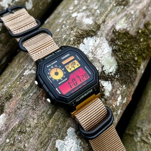 Casio Custom Hydro Mod Royale AE1200 "Desert Cruiser 22mm" Watch Red and Yellow Screen - Nylon Strap Digital Casio AE-1200W Vintage