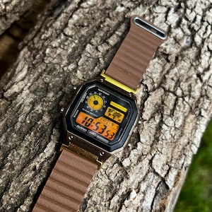 Magnetic Golden Cruiser– Modified Watch Based on Casio AE-1200 – Orange Gradient Display, Magnetic Strap Custom Casio Royale Mod Retro Watch