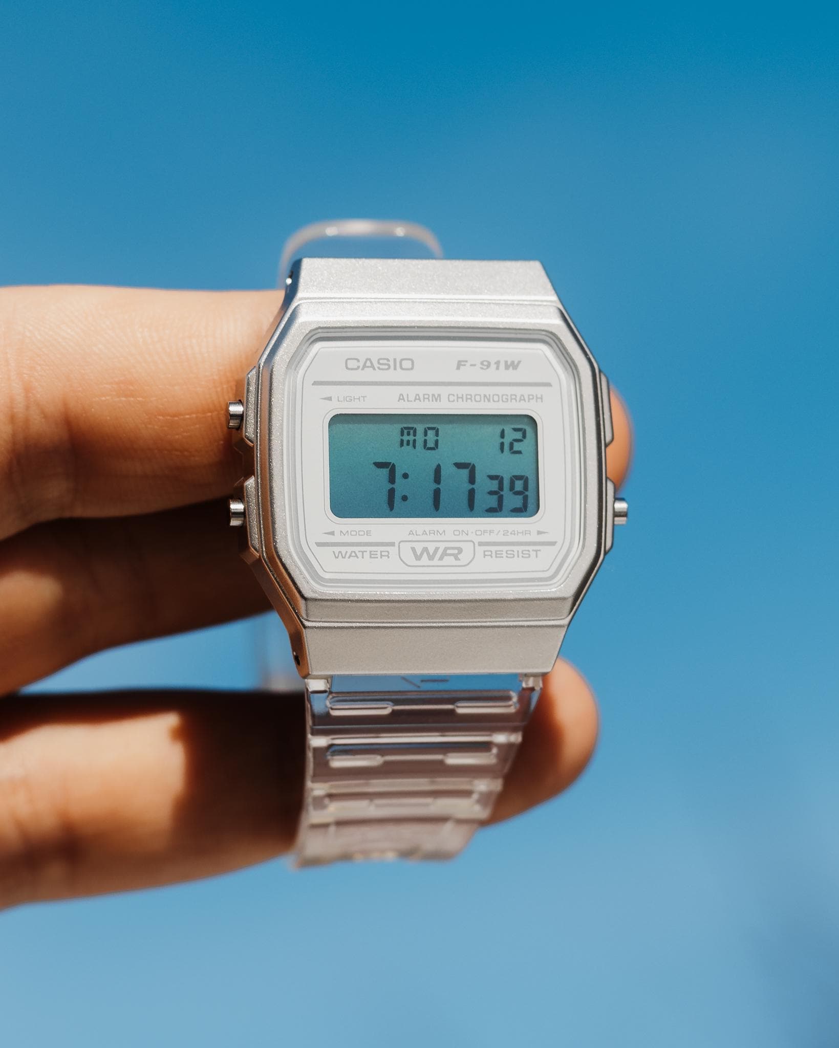 Sea Blue – Modified Watch Based on Casio F-91W – Transparent White 