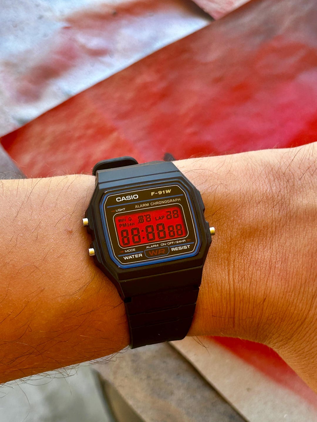 Extra Red – Modified Casio F-91W – Custom Black Digital Watch With