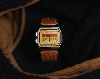 RoadRunner A158 – Modified Casio A-158 Silver Digital Watch with Brown yellow and orange Face Racing Strap Custom Mod Watch Leather Vintage
