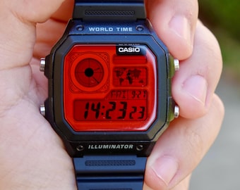 Crimson Pulse – カシオ AE-1200 をベースにした改造腕時計 – 赤い画面のカスタムデジタルモッド HydroMod – ヴィンテージギフト カスタム Casio Royale モッド