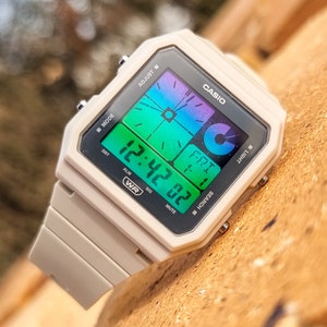 Custom Casio LF20W Beige Hydromod - Casio Mod Twin Graph - Purple and Green Gradient Screen - Vintage Beige Casio - Digital Watch Mod