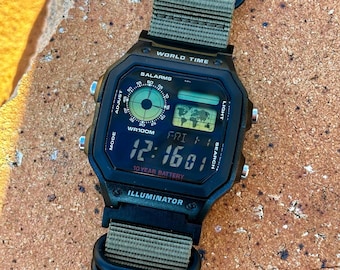 Forest Green 22 – Modified Watch Based on Casio AE-1200 Green Dual-Tone Screen, Military Strap, Custom Casio Royale Mod Tactical Retro Watch