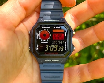 Bloody Moon - Modified Watch Based on Casio AE-1200H – Modified Digital Watch - Red-Black Gradient Screen – Blue Case & Hydro - Casio Royale