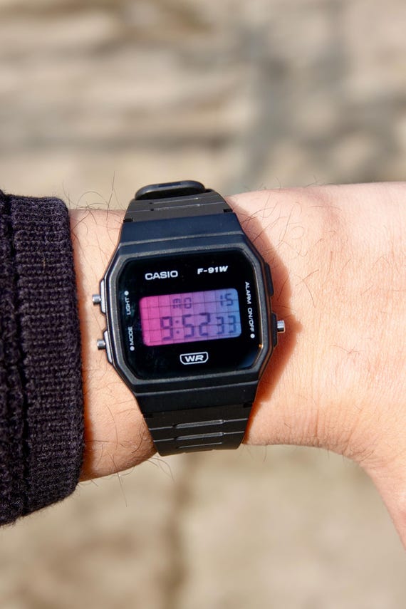 Vaporwave – Modified Watch Based on Casio F-91W – Custom Digital Casio Mod with Blue & Pink Gradient Screen – Retro F-91 Gift Watch