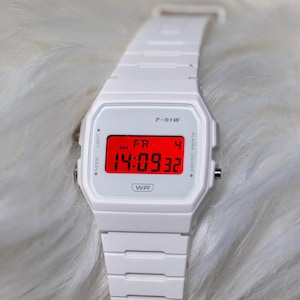Arctic Blaze – Modified Watch Based on Casio F-91W – White Digital with Red Polarized Screen – Minimalist Custom Casio Mod Retro Gift F91