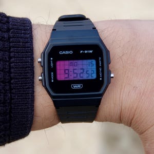 Casio F-91WB Vaporwave - Modified Black Casio F91W Blue and Pink Gradient Screen Mod - Custom Casio Watch