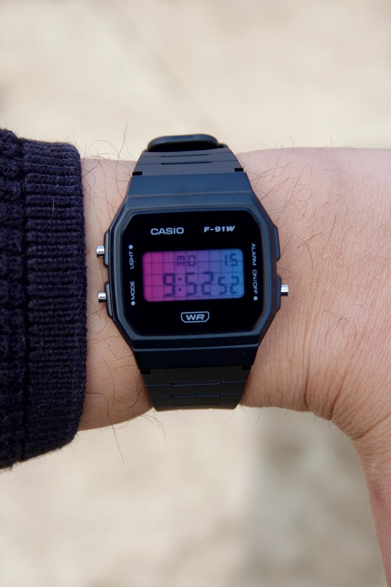 Casio F-91WB Vaporwave - Modified Black Casio F91W Blue and Pink Gradient Screen Mod - Custom Casio Watch