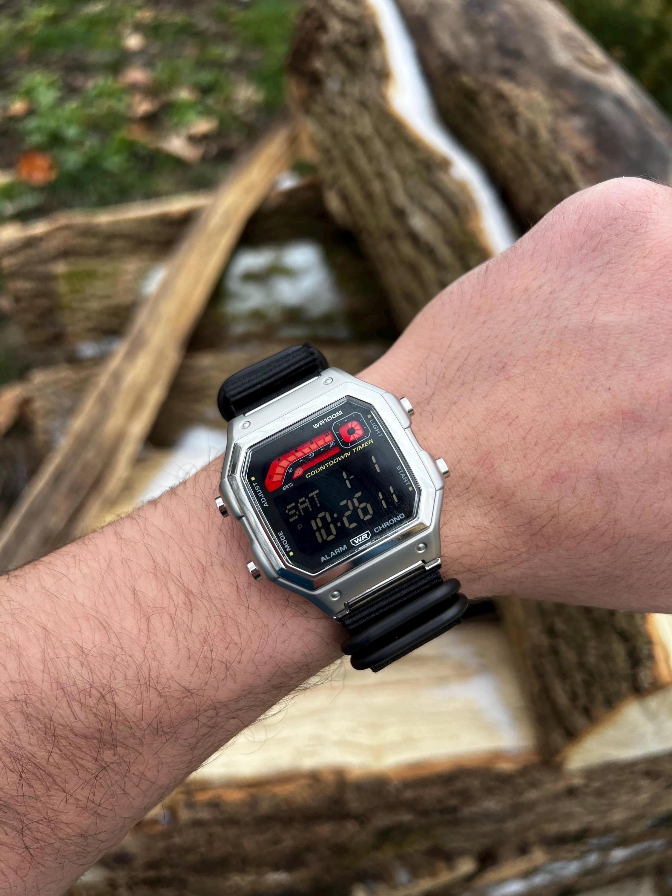 Redline Meter – Modified Watch Based on Casio WS-1600 – Full Metal, Red-Black Screen, Hydro Mod 22mm Strap Custom Casio Royale Digital Watch
