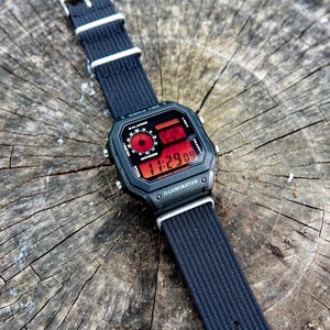 Red Haze – Modified Watch Based on Casio AE-1200 – Red Gradient Display, Black Strap, Custom Hydromod Digital Watch – Casio Royale Mod Gift