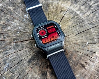 Red Haze – Modified Watch Based on Casio AE-1200 – Red Gradient Display, Black Strap, Custom Hydromod Digital Watch – Casio Royale Mod Gift