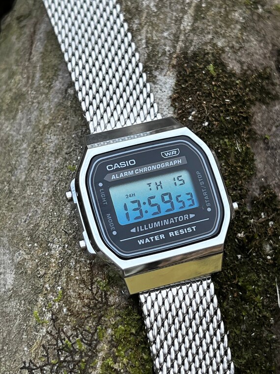 Custom Casio A168 Blue Lagoon Mesh Metal Modified Custom Casio A168 With Blue Gradient Screen and Upgraded Heavy High Quality Metal Bracelet Etsy UK