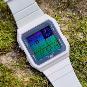 Galaxy Timer – Modified Watch Based on Casio LF20W – Beige Hydromod with Purple-Green Gradient Screen –Twin Graph-Inspired Casio Digital Mod