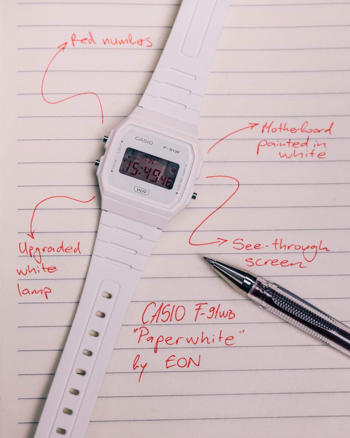 Custom Casio F91 Red Ghost Watch - Modified White Casio Digital Watch ...