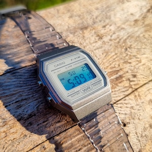 Custom Casio F91W "Blue Lagoon" Watch - Modified Gray Casio Vintage Digital Watch -  Blue Dial