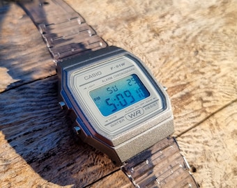 Custom Casio F91W "Blue Lagoon" Watch - Modified Gray Casio Vintage Digital Watch -  Blue Dial