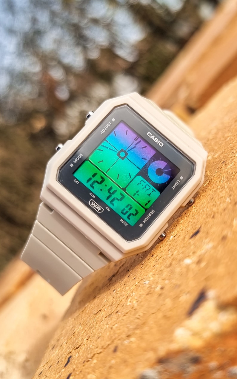 Custom Casio LF20W Beige Hydromod - Casio Mod Twin Graph - Purple and Green Gradient Screen - Vintage Beige Casio - Digital Watch Mod