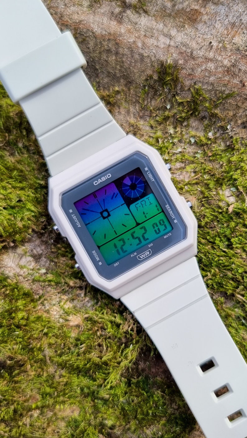 Custom Casio LF20W Beige Hydromod Casio Mod Twin Graph Purple and Green Gradient Screen Vintage Beige Casio Digital Watch Mod image 1