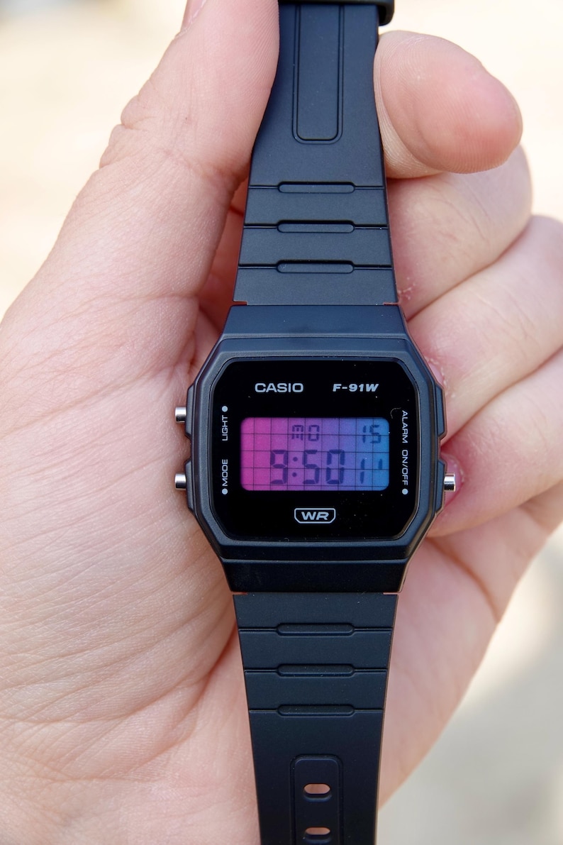 Casio F-91WB Vaporwave - Modified Black Casio F91W Blue and Pink Gradient Screen Mod - Custom Casio Watch