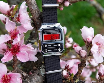 Red Pill – Modified Watch Based on Casio A100 – Custom Digital Watch with Red Inverted Display & Black NATO Strap  Retro Casio Mod Gift Idea