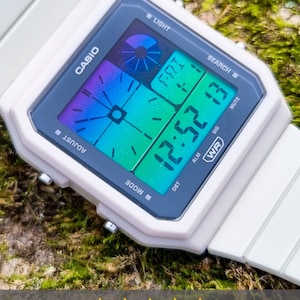 Custom Casio LF20W Beige Hydromod - Casio Mod Twin Graph - Purple and Green Gradient Screen - Vintage Beige Casio - Digital Watch Mod