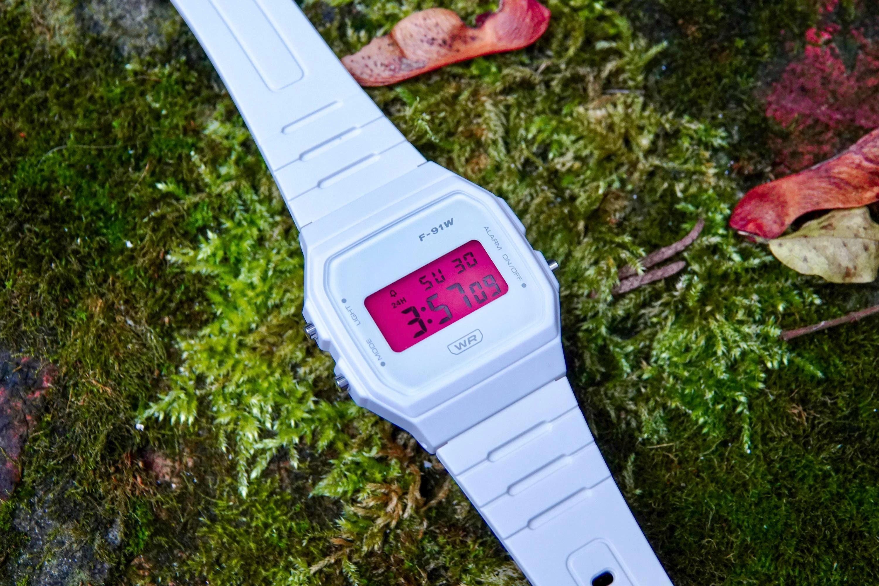 Pink White – Modified Watch Based on Casio F-91W – White Digital