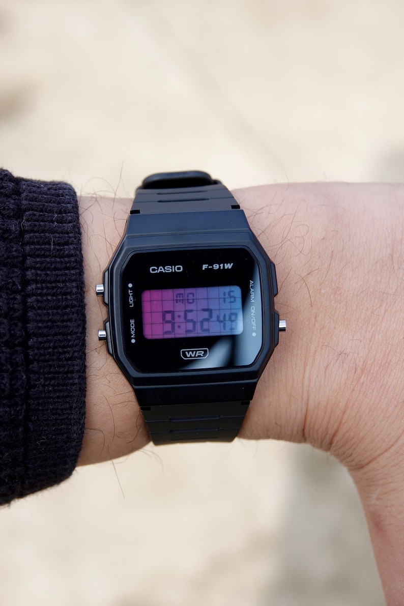 Casio F-91WB Vaporwave - Modified Black Casio F91W Blue and Pink Gradient Screen Mod - Custom Casio Watch