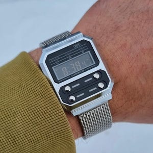 Weighted Metal – Modified Watch Based on Casio A100 – Custom Digital Watch with Black Screen & Premium Weighted Bracelet – Retro Mod Gift