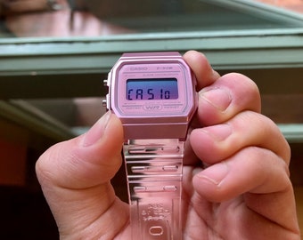 F91W “Miami Nights” - Modified Pink Transparent Casio Watch with Pink to Blue Gradient Screen Mod
