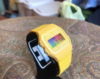 Custom Casio F91 yellow Rainbow rare Color Modified Yellow Vintage Casio  Watch Rainbow Screen Mod Custom Casio Watch 