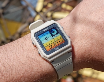 SpringTimer – Modified Watch Based on Casio LF-20W – Beige Digital Watch with Multicolor Screen – Hydro Mod – Twin Graph Style Custom Gift