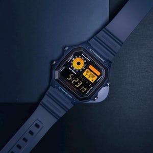 Shadow Blue Royale – Modified Watch Based on Casio AE-1200 – Orange & Black Screen in Rare WS-1600 Blue Case – Hydro Custom Casio Royale