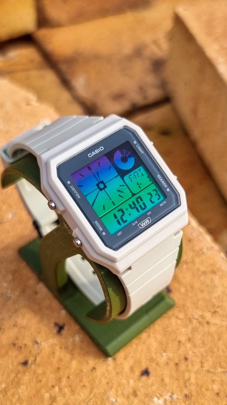 Custom Casio LF20W Beige Hydromod Casio Mod Twin Graph Purple and Green Gradient Screen Vintage Beige Casio Digital Watch Mod image 3