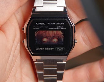 Anime Mod – Modified Watch Based on Casio A158 Silver Digital Watch with Manga Dislay - Anime Japan - Red Eye Girl - Custom Mod Watch
