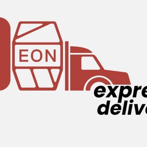 May include: A red graphic depicting a delivery truck with the words "express delivery" in black. The truck is part of a logo featuring the letters "EON" within a stylized container.