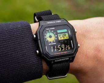 Black Forest Royale – Modified Watch Based on Casio AE-1200 – Green & Black Screen, Hydro Mod, Nylon Strap – Digital Retro Casio Royale Mod