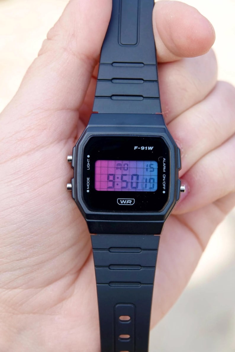 Vaporwave – Modified Watch Based on Casio F-91W – Custom Digital Casio Mod with Blue & Pink Gradient Screen – Retro F-91 Gift Watch image 8