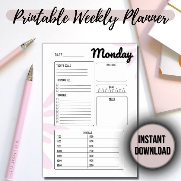 Printable Weekly Panner, 7 days planner pack, Digital Weekly Planner