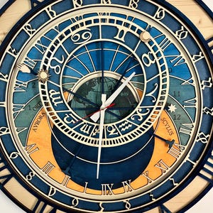 Prague Orloj Astronomical Clock – Handcrafted Wooden Wall Art. Customizable size and color.
