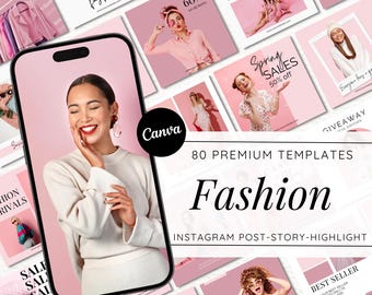 以下が含まれることがあります： Instagramの投稿、ストーリー、ハイライト用のプレミアムテンプレート80個。テンプレートはピンクと白のカラーテーマで、「Fashion」と「Spring Sales 50% off」のテキストが書かれています。