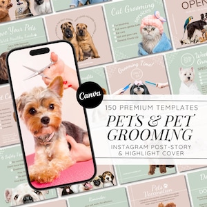 May include: A collage of images promoting pet grooming services. The images feature dogs and cats being groomed, as well as text about the services offered. The text includes "Grooming Time!" and "Cat Grooming Services". The collage is designed for use on social media.